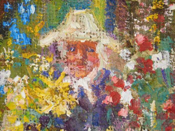 Gerry Blood (1932-2005). Flower Seller, oil on board, signed, titled verso, 13cm x 13cm.