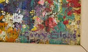 Gerry Blood (1932-2005). Flower Seller, oil on board, signed, titled verso, 13cm x 13cm. - 3