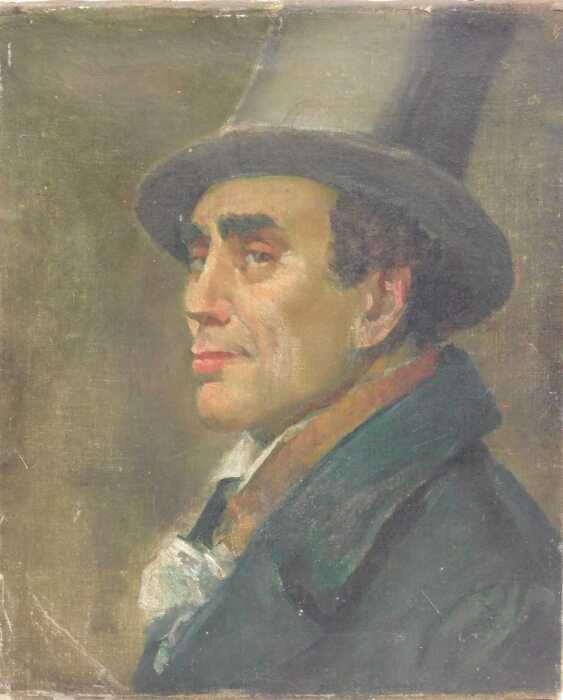 19thC School. Portrait of a gentleman wearing jacket and top hat, quarter profile, oil on canvas,...