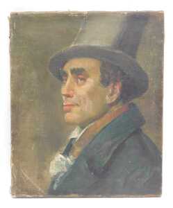 19thC School. Portrait of a gentleman wearing jacket and top hat, quarter profile, oil on canvas,... - 2