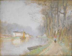 Henri Stacquet (1838-1906). River scene, oil/pastel, signed, 27cm x 34.5cm.