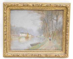 Henri Stacquet (1838-1906). River scene, oil/pastel, signed, 27cm x 34.5cm. - 2