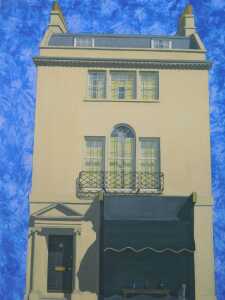 Manner of Pomeroy. House front, mixed media, unsigned, Framing Company label verso, 50cm x 39cm.