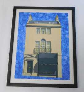 Manner of Pomeroy. House front, mixed media, unsigned, Framing Company label verso, 50cm x 39cm. - 2