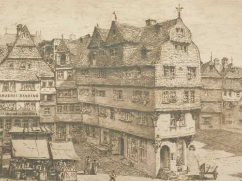 B Bagge (19thC). Brauerei Binding Frankfurt Brewery, artist signed limited edition etching, 14cm...