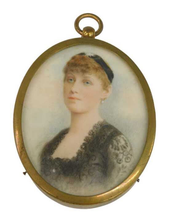 19thC English School. Portrait of a young lady in black lace dress, gouache on ivory, unsigned,...