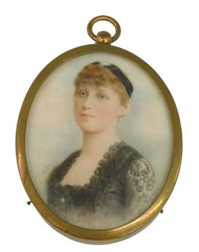19thC English School. Portrait of a young lady in black lace dress, gouache on ivory, unsigned,...