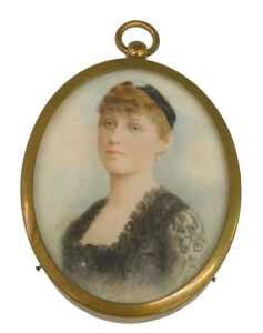 19thC English School. Portrait of a young lady in black lace dress, gouache on ivory, unsigned,...