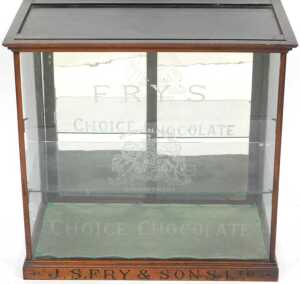A late Victorian Fry's Choice Chocolate mahogany and glazed shop display cabinet, the outswept... - 2