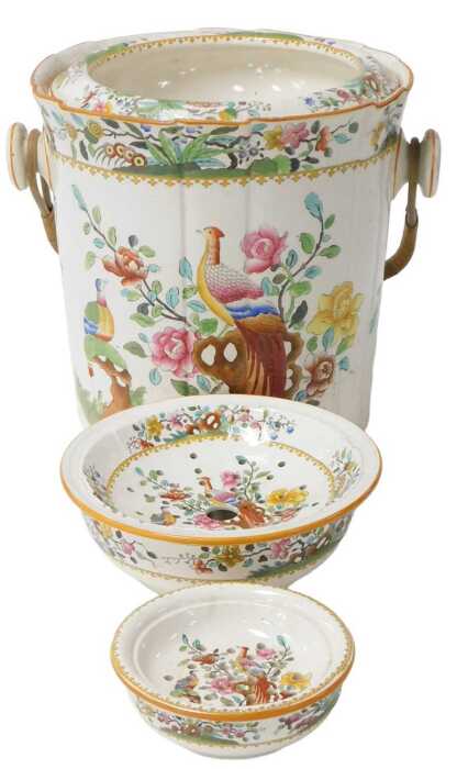 A late 19thC Copeland late Spode pottery wash pail, and cover, polychrome decorated with exotic...