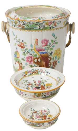 A late 19thC Copeland late Spode pottery wash pail, and cover, polychrome decorated with exotic...