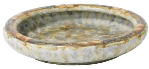 A Cranston Pottery shallow circular bowl, with moulded rim and mottled painted decoration...