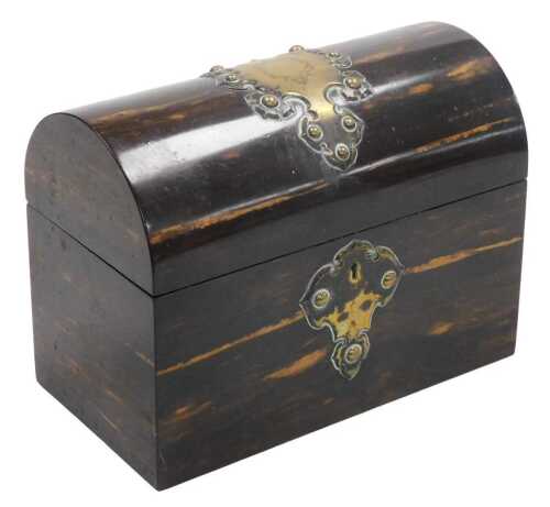 A Victorian coromandel domed tea caddy, with a brass escutcheon and plate to lid, with a vacant...