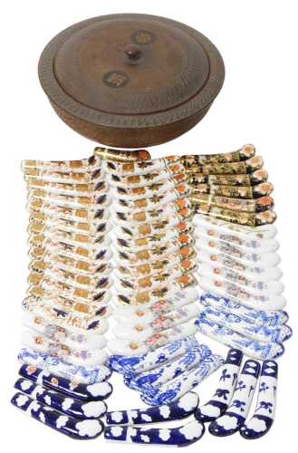 A group of Royal Crown Derby porcelain pistol knife handles, including Imari, Mikado pattern,...