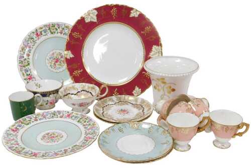 A group of Royal Crown Derby porcelain, including a Vine pattern dinner plate, pink Vine pattern...