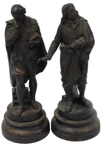 A pair of late 19thC spelter figures, modelled as Milton and Shakespeare, 37cm and 36cm high...