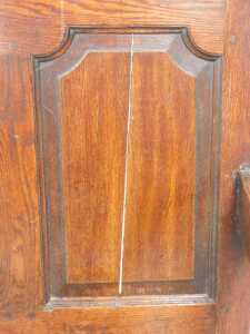 A George III oak settle, with a five panelled back, and solid seat, with outswept... - 3