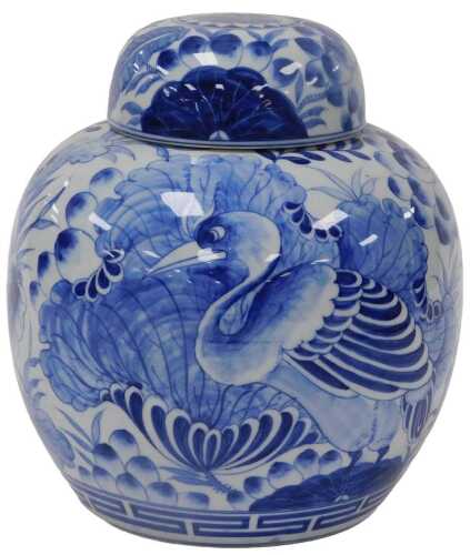 A Chinese blue and white porcelain ginger jar and cover, decorated with peacocks and flowers,...