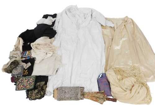 Edwardian and later costume, including a pair of lady's white leather jewelled and silver beaded...