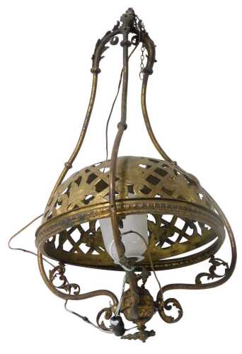 A late 19thC brass gasolier, later converted to electricity, 74cm high, together with a brass...