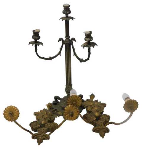 A Regency silver plated three branch candelabrum, one branch lacking, of fluted form, raised on...