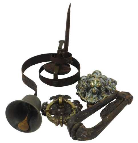 A Victorian brass lion's head door knocker, Victorian copper and brass door knocker or furniture...