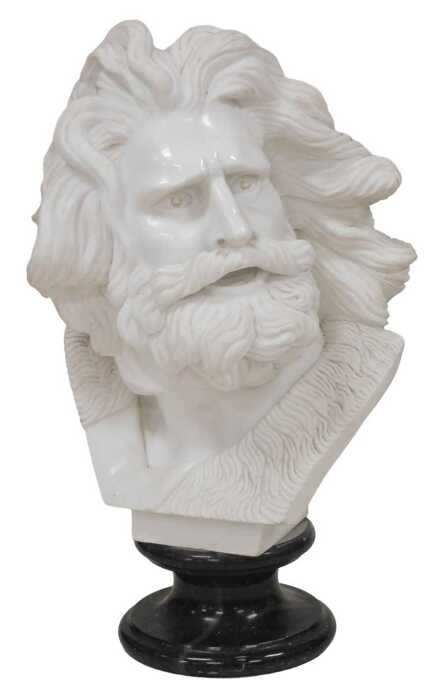 A white marble bust of Moses, with flowing hair, raised on a black socle base, 62cm high.