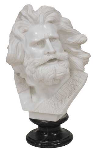 A white marble bust of Moses, with flowing hair, raised on a black socle base, 62cm high.