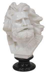 A white marble bust of Moses, with flowing hair, raised on a black socle base, 62cm high.