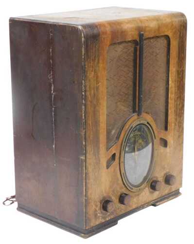 Art Deco Ferguson wooden cased radio, model 502AC, 49cm high, 38cm wide.