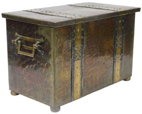 An early 20thC metal coal box, with studded strapwork bearing Celtic knot symbols, and twin...