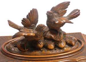 A late 19thC Black Forest wooden jewellery casket, the hinged lid carved with a pair of birds... - 2