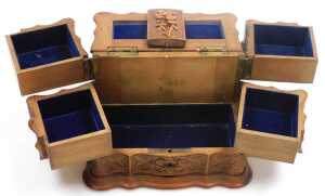 A late 19thC Black Forest wooden jewellery casket, the hinged lid carved with a pair of birds... - 3