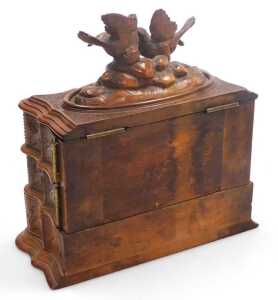 A late 19thC Black Forest wooden jewellery casket, the hinged lid carved with a pair of birds... - 4