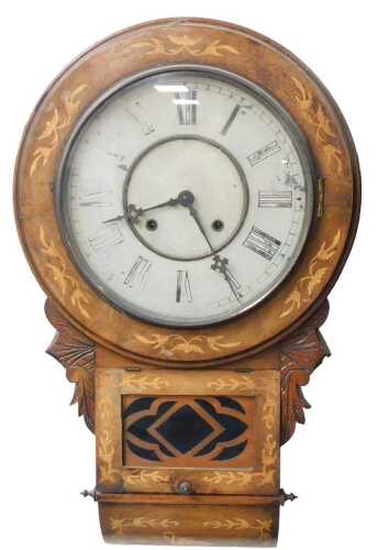 A late 19thC American walnut cased drop dial wall clock, circular tin dial bearing Roman...