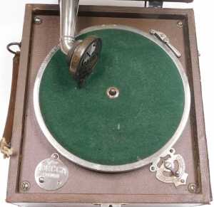 An early 20thC Decca brown leather cased gramophone, 21cm high, 24cm wide, 27.5cm deep. - 2