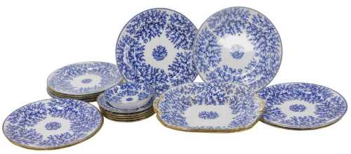 A late 19thC Minton porcelain seaweed pattern blue and white part dinner and dessert service,...