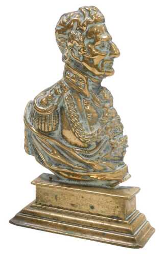 A 19thC brass doorstop modelled as a bust of The Duke of Wellington, raised on a stepped...