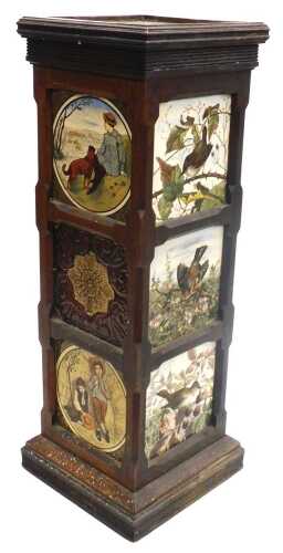 A late 19thC oak and tile set jardiniere stand, three sides bearing tiles depicting birds, the...