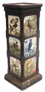 A late 19thC oak and tile set jardiniere stand, three sides bearing tiles depicting birds, the... - 2