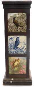 A late 19thC oak and tile set jardiniere stand, three sides bearing tiles depicting birds, the... - 3