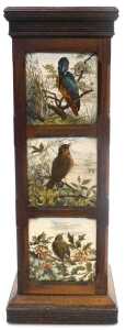 A late 19thC oak and tile set jardiniere stand, three sides bearing tiles depicting birds, the... - 4