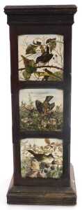 A late 19thC oak and tile set jardiniere stand, three sides bearing tiles depicting birds, the... - 6