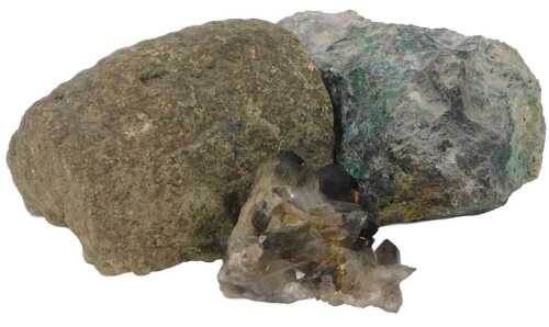 A woolly mammoth tooth fossil, 11.5cm wide, together with a chrysocolla crystal, and a smoky...