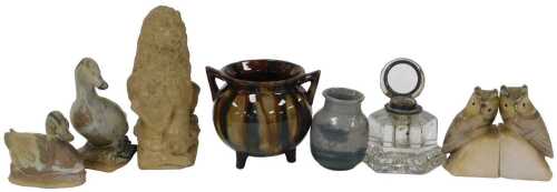 A group of collectables, including a Victorian cut glass inkwell, a stoneware figure of a...