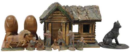 Assorted collectables, including a wooden Alpine chalet, Elastolin cowboy and native American...
