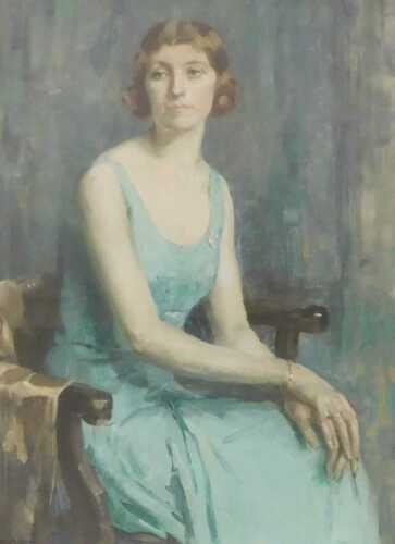 Matilda Mulvey (1882-1951). Three quarter length portrait of a seated lady, wearing a turquoise...