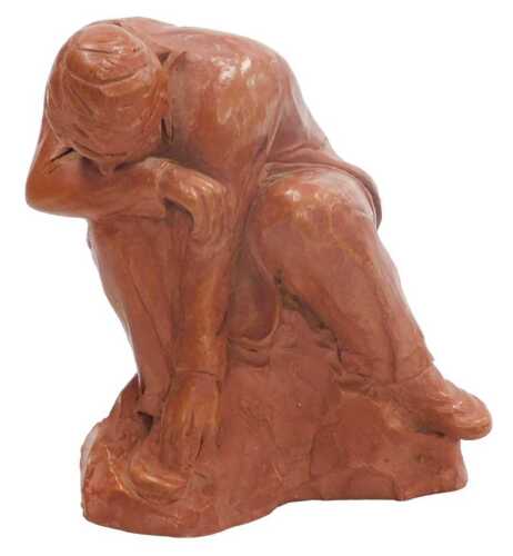 A late 20thC resin studio figure of a seated man in contemplation, bears marks verso, 15cm high.