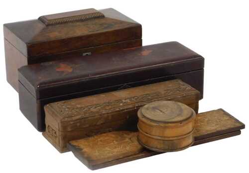 A Regency rosewood sarcophagus tea caddy, 20.5cm wide, a Chinese lacquer glove box, decorated to...