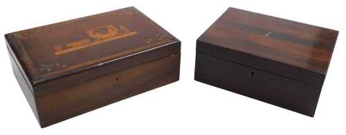 A 19thC Portuguese snake wood sewing box, with marquetry inlaid decoration of figures and oxon...